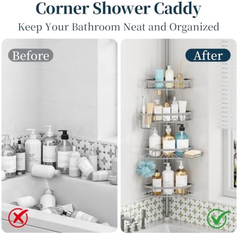 Consumest Shower Caddy Tension Pole, Shower Caddy Corner, Silver, 4 Tier - Image 2