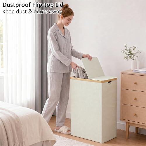 efluky Double Laundry Hamper with Lid and 2 Removable Bags, Beige - Image 2