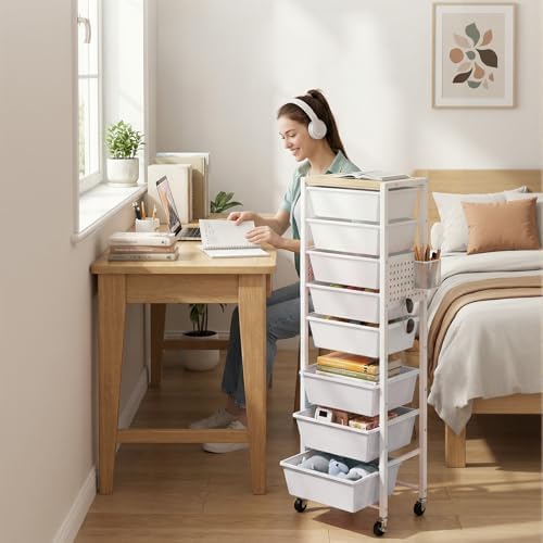 Rolling Cart with Drawers, Rolling Storage Cart with 8 Large Plastic Drawers & Wooden Tabletop, Utility Cart with Pegboards & Basket, Storage Drawers Cart for Living Room, Classroom, Bedroom, Office - Image 5