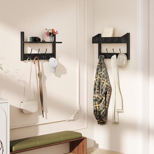 YMYNY 31.5" Coat and Key Rack Wall Mount with Shelf, Black, HWS007B-2 - Image 3
