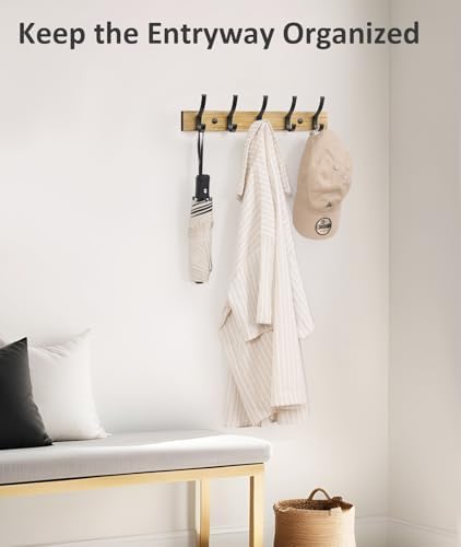 Optish Coat Rack Wall Mount, 16.5 Inches Wood Coat Hooks Wall Mount, Wall Coat Rack with 5 Hooks, Hat Rack Wall Hooks for Hanging Coat, Bag, Towel (1Pack, Natural) - Image 4