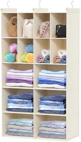 5 Tier Hanging Closet Organizer, 14 Compartments Dual Row Storage, Beige | Closet Organizers and Storage with Large & Small Pockets, 3 Sturdy Hooks Support Heavy Loads, Ideal for Dorm, Garment Rack by Ofiray-home
