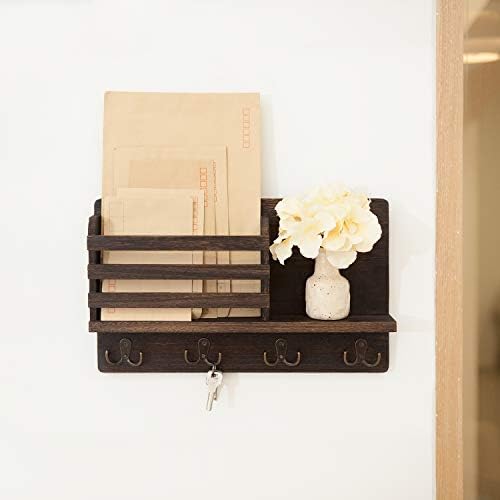 Dahey Key Mail Holder Wall Mounted Wooden Hanger with 4 Double Hooks, Brown - Image 5