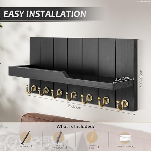 Rebee Vision Key Holder Wall Mount with 7 Hooks & Shelf for Entryway, Black - Image 6