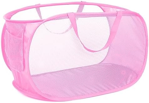 Durable Collapsible Laundry Baskets, Mesh Pop Up Laundry Hamper with Side Pocket, Foldable Clothes Storage Hamper with Reinforced Carry Handles for Laundry, Bathroom, Kids Room, Dorm or Travel Pink by Bemkoo