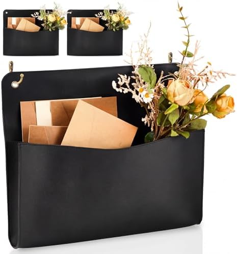 Marspark 2 Set PU Leather Mail Holder Wall Mount 12.2x10.24 Inch Leather Letter Holder 2 Ring Binder Hanging Wall File Organizer Mail Sorter for Decor Storage Letter Postcard Flower Home Office(Black) by Marspark