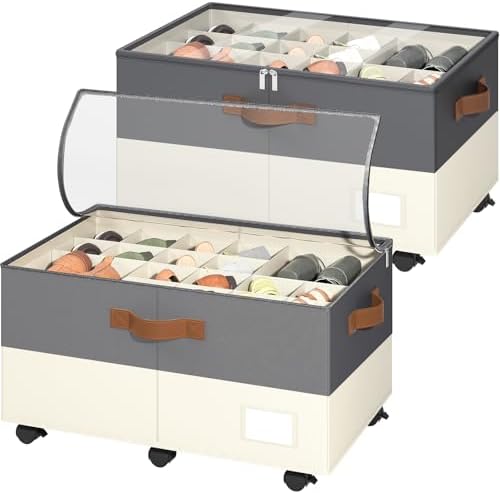 Foyego 2 Pack Shoe Organizer for Closet, with Wheels, Beige and Grey by Foyego