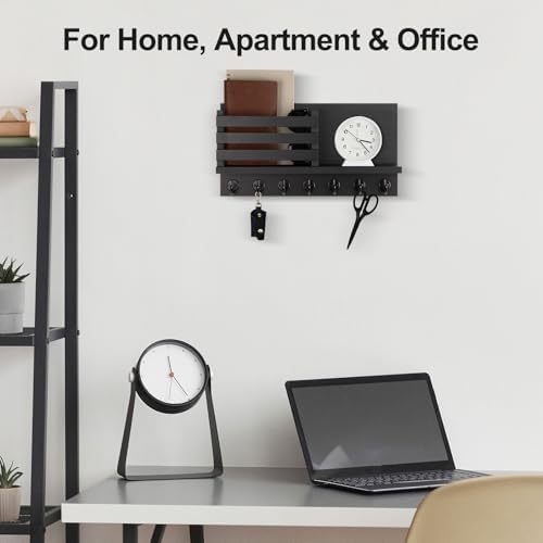Lwenki Key Holder for Wall – Decorative Wooden Mail Holder and Key Shelf with Mounting Hardware, Installation Guide – Paulownia Wood with Metal Key Hooks (Black, Extra Large - 15.6inch) - Image 4