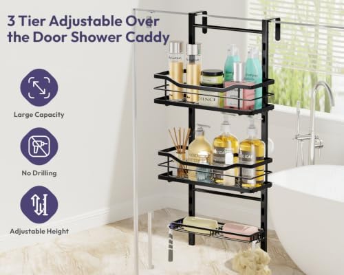 SWTYMIKI Over the Door Shower Caddy - 3 Tier Adjustable Shower Organizer Hanging with Soap Holder, No Drilling Stainless Steel Bathroom Rack Hanging for Body Wash, Shampoo, Soap, Razor, Black - Image 2