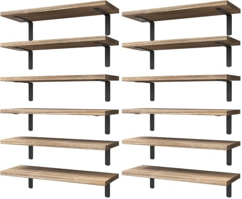 WOPITUES Wood Floating Shelves Set of 6, Shelves for Wall Decor, Farmhouse Shelf for Bedroom, Bathroom Storage Shelves, Book Shelves for Living Room - Rustic Brown (Pack of 2) by WOPITUESOfficial