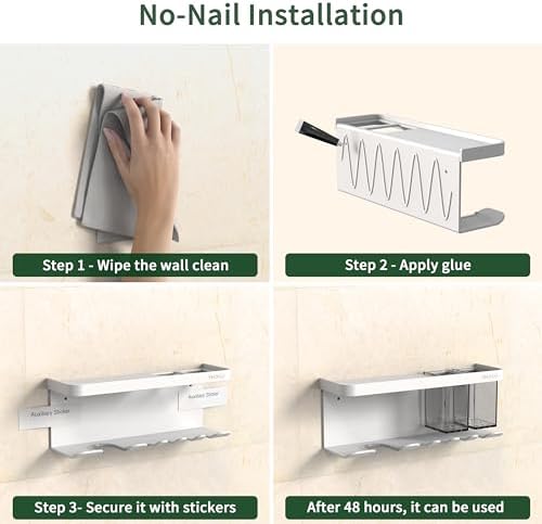 Hair Dryer Holder Wall Mounted Adhesive/Drilling, Hair Dryer Storage Organizer with Shelf & Hooks for Bathroom, Blow Dryer Holder, Hair Tool Organizer (White) - Image 6