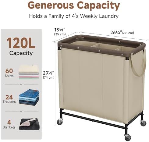 StorageWorks 2 Section Laundry Hamper, 120L Tan Sorter Cart with Wheels - Image 2
