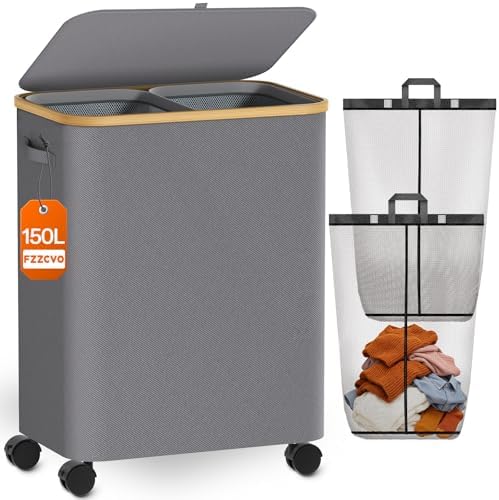 Double Laundry Basket with Wheels and Lid, 150L Clothes Hampers for Laundry by Fzzcvo