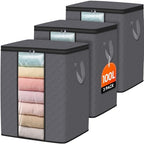 SpaceWhisper 3 Pack 100L Clothes Storage, Foldable Storage Bags, Grey | Thick Fabric, Clear Window, with Reinforced Handle, for Clothing, Blanket, Comforters, Bedding Organizing by Unknown