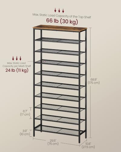 VASAGLE Shoe Rack with 9 Mesh Shelves and 1 Large Top for Bags, Steel Frame - Image 3