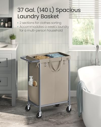 SONGMICS Laundry Basket with Wheels, 2-Section, 37.0 Gallons (140 L) - Image 3