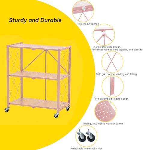 BRIAN & DANY 3-Tier Foldable Storage Shelves with Wheels, No Assembly Folding Shelf Metal Rack, Shelving Unit for Kitchen, Garage, Pink - Image 5