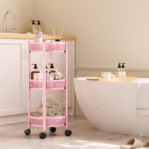 TOOLF 3 Tier Foldable Rolling Cart, Metal Utility Storage Cart, Pink | Assembly-Free, Lockable Wheels, Round Trolley Organizer for Bathroom, Kitchen, Office, Dorm, Laundry, Craft Room - Image 6