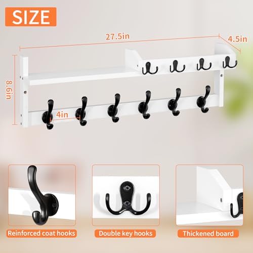 27.5" Wall Mount Coat Rack with Shelf, Key Holder & Mail Organizer, White - Image 2