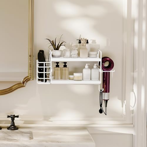 3-in-1 Wall Mounted Hair Dryer Holder with 2 Tier Shelves & Detachable Basket, Space Saving Organizer for Bathroom, Kitchen, Bedroom, Rust-Resistant, Easy Install (White) - Image 4