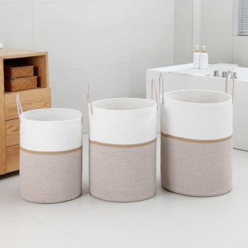 Laundry Basket Hamper Tall Rope Storage Woven for Blanket toys Dirty Clothes in Living Room Bathroom Bedroom (Blend White & Camel, 60L/15.8Gal) - Image 5