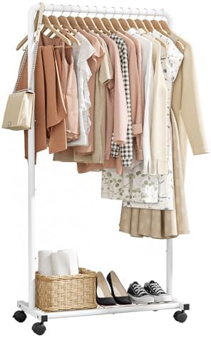 Sakugi Clothes Rack - Clothing Rack with Storage Mesh Shelf & Casters, Heavy-Duty Metal Clothing Rack for Hanging Clothes, Dresses, Coats, Large Load Capacity, Easy Assembly, White, 28.0"x16.9"x59.0" by Sakugi