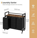 SwaaVee Laundry Sorter, Laundry Hamper 3 Section, 3×11.4Gal, Metal Frame Rolling Laundry Basket with Wooden Top Shelf, Pull out and Removable Laundry Bags, 3 Bags-Black - Image 2