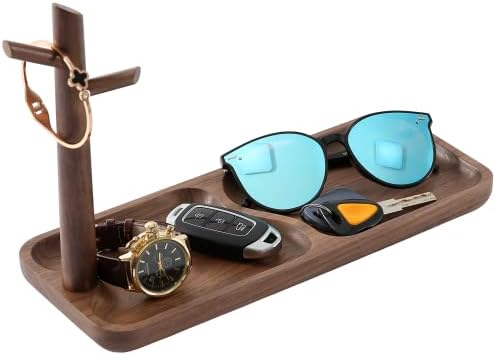 Walnut Wood Key Tray for Entryway Table, Jewelry Tray, Catchall Tray with 3 Stand Hanging Organizer, for Rings, Phone, Bracelets Watches by CYQGDKF