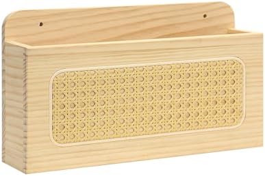 Rustic Wall Mounted Magazine Rack - Solid Wood Mail Holder with Natural Rattan Weave, Boho Floating File Organizer & Vinyl Record Display Shelf, Decorative Letter Holder for Entryway, Office (1 Pack) by BXAIGR