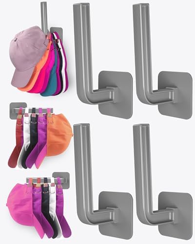 Hat Rack for Hat Storage, Multi-Purpose Hat Organizer (4-Pack), Strong Adhesive Hat Hooks for Wall, Hat Organizer for Baseball Caps, Two Mounting Options Hat Hook, Gray by Sunfanie