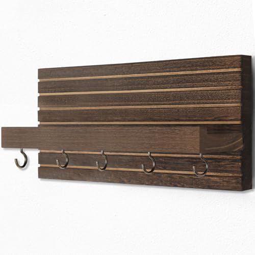 Lwenki Decorative Key Holder for Wall with Shelf, Entryway Shelf with Hooks Holds Leashes, Jackets and Glasses – Sturdy Wood Keyholder Entrance Hanger with Mounting Hardware (Brown, Medium) - Image 2