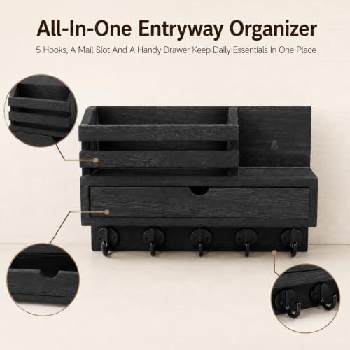 Key Holder Wall Mount, Wooden Mail Holder with Storage Drawer and 5 Key Hooks for Keys, Coats and Dog Leash, Entryway Wall Organizer (Black) - Image 3