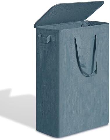 efluky Slim Laundry Basket with Lid, Narrow Laundry Hamper with Handles, Collapsible Dirty Clothes Hamper, Tall Laundry Bin for Laundry Room, Dorm and Bedroom, 55L Denim Blue by efluky