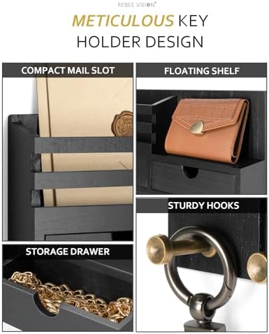 Rebee Vision Key Holder Wall Mount with 6 Key Hooks for Home Decor, Black - Image 3