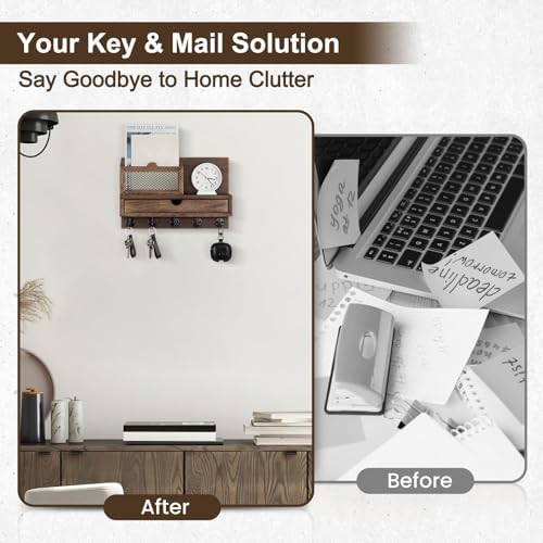 Key Holder for Wall with 5 Key Hooks and Storage Drawer - Image 6
