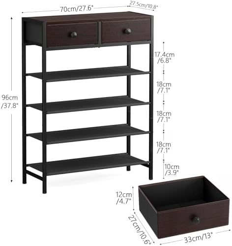 5 Tier Shoe Rack with Drawers, Metal & Wood Shelf Dark Brown - Image 3