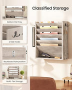 CHOEZON Wall File Organizer, 6-Tier Vertical Mount Hanging Holder with 2 Side Hooks, Modern Wooden Magazine Storage Holder with Bottom Tray, Desk Organizer, for Office, Home, Greige MWJ01FH - Image 5