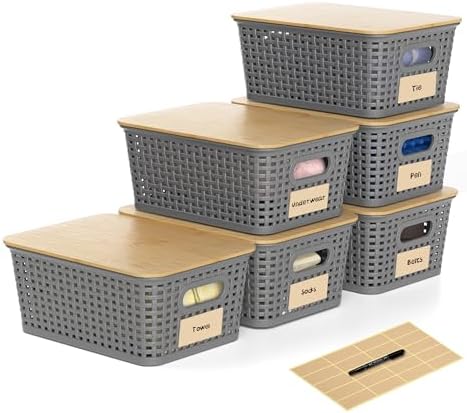 6 Pack Plastic Storage Baskets,Gray bamboo lid storage Box by WRRLORS