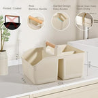 Plastic Shower Caddy Portable Shower Basket with Bamboo Handle, Cream - Image 3