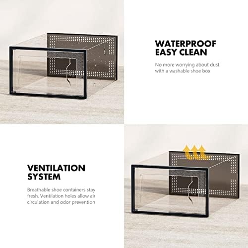 SEE SPRING X-Large Black Modern Plastic Shoe Box, 12 Pack, Clear Front Door, Stackable, Foldable, Ventilated, Fits US Size 11, 13.2''L9.1''W7.3''H Inch, 655.65 Cubic Inches, Already Assembled - Image 3