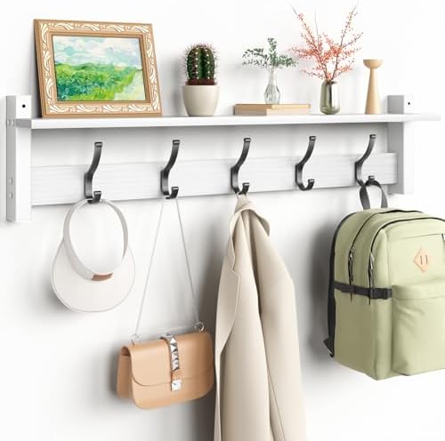 Optish Coat Rack Wall Mount with Shelf, 29 Inch Coat Hanger Walls Mounted, Hat Rack for Walls, Shelf with 5 Coat Hooks, Wall Hanger for Entryway (White) by Optish