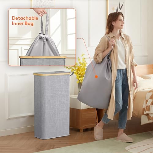 Lifewit 65L Slim Laundry Hamper with Lid, Narrow Laundry Basket with Removable Bag & Bamboo Handles, Fodable Thin Dirty Clothes Hamper for Laundry Collapsible Bin for Bathroom Bedroom Dorm, Gray - Image 4