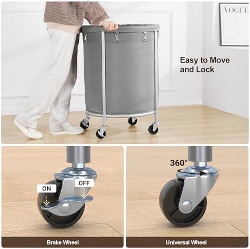ELYKEN Laundry Basket with Wheels, Round Rolling Laundry Hamper, Gray - Image 4