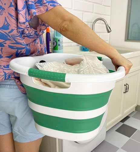 SAMMART 40L (10.5 gallon) Collapsible Plastic Laundry Hamper - Foldable Pop Up Storage Container/Organizer - Portable Washing Tub - Space Saving Basket (1, White/Winter Green) - Image 4
