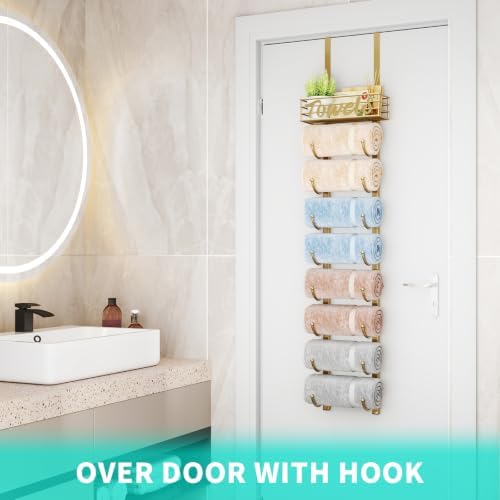 HapiRm Towel Racks for Bathroom Storage - 9 Tier Over The Door & Wall Mount Rolled Towel Storage Organizer Holder with Metal Shelf Basket for Small Bathroom, Camper, Rv - Gold, Patented - Image 4