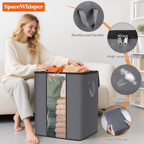 SpaceWhisper 6 Pack 100L Clothes Storage, Foldable Storage Bags, Grey | Thick Fabric, Clear Window, with Reinforced Handle, for Clothing, Blanket, Comforters, Bedding Organizing - Image 3