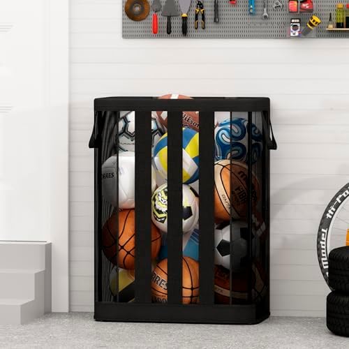 STO STO Ball Storage Basket, Wall-Mounted or Freestanding Garage Ball Organizer Holder, Holds up to 15 Balls, Sports Equipment Organizer with Elastic Front Access for Garage, Gym, Playroom, Black - Image 2