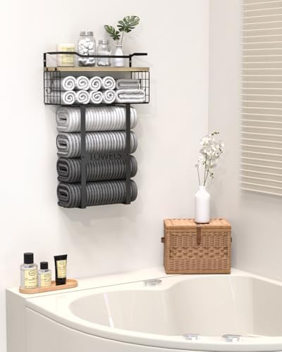 Towel Racks for Bathroom Wall Mounted - Bath Wall Towel Holder Set Above Toilet Storage, Rolled Towel Shelf Organizer for Small Bathroom, Wood Vertical Towel Rack for Bathroom Wall Decor - Image 3