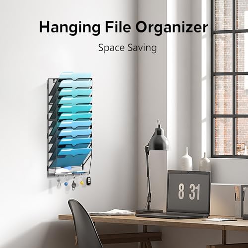 11-Tier Wall File Organizer and Mail Organizer with 5 Hooks, Black - Image 5
