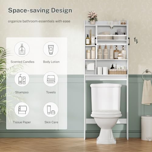 TEENFON Over The Toilet Storage Cabinet with 4 Open Shelves and Adjustable Shelf, Extra Tall Bathroom Organizer Unit with 2 Barn Doors, Home Space Saver for Bathroom, Laundry Room, White - Image 5